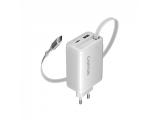 Описание и цена на зарядни устройства Canyon charger OnCharge 65RC Build-In Cable USB-C 65W 1xPD 1xQC EU White
